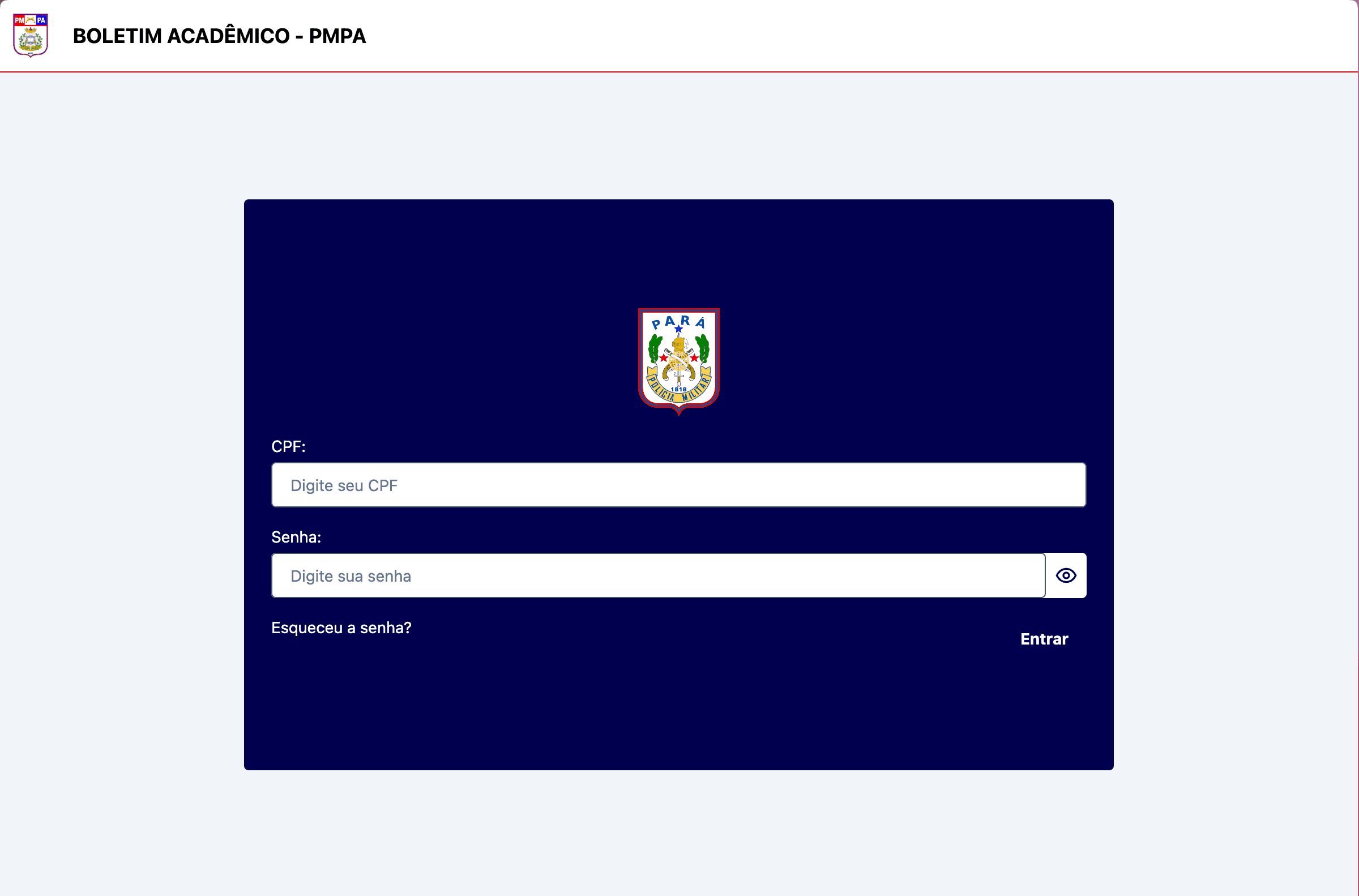 Tela de login do Boletim Acadêmico da Polícia Militar do Pará, com campos de CPF e senha